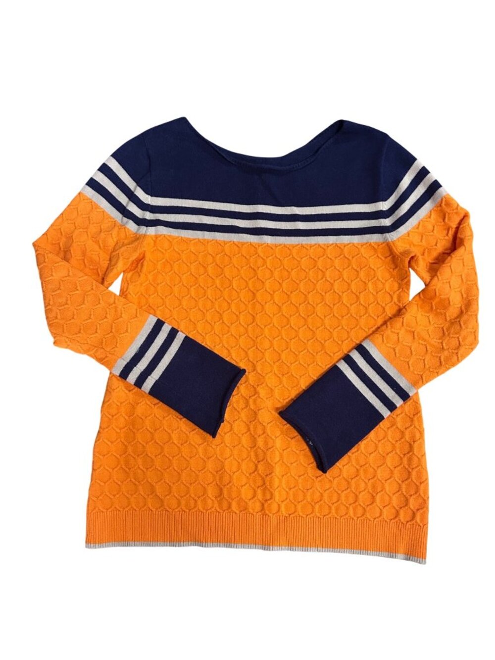 Striped Orange & Navy Hexagon-Textured Sweater Women's Large EUC